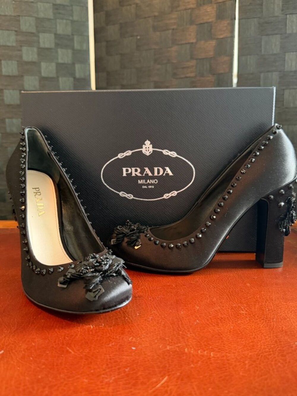 Prada Black Satin Beaded heels, Calzature Donna, Nero size 38 1/2